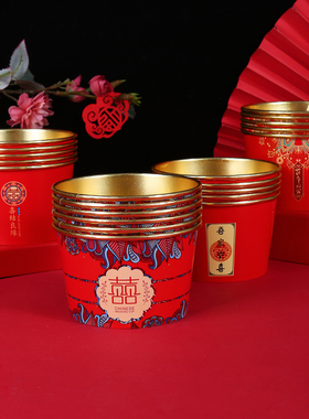 结婚喜宴一次性金箔纸杯纸碗婚礼敬茶吃饭红色喜庆加厚餐具盒套装