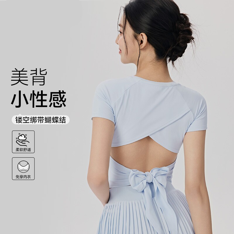镂空美背蝴蝶结绑带瑜伽短袖女固定胸垫运动T恤修身显瘦健身上衣