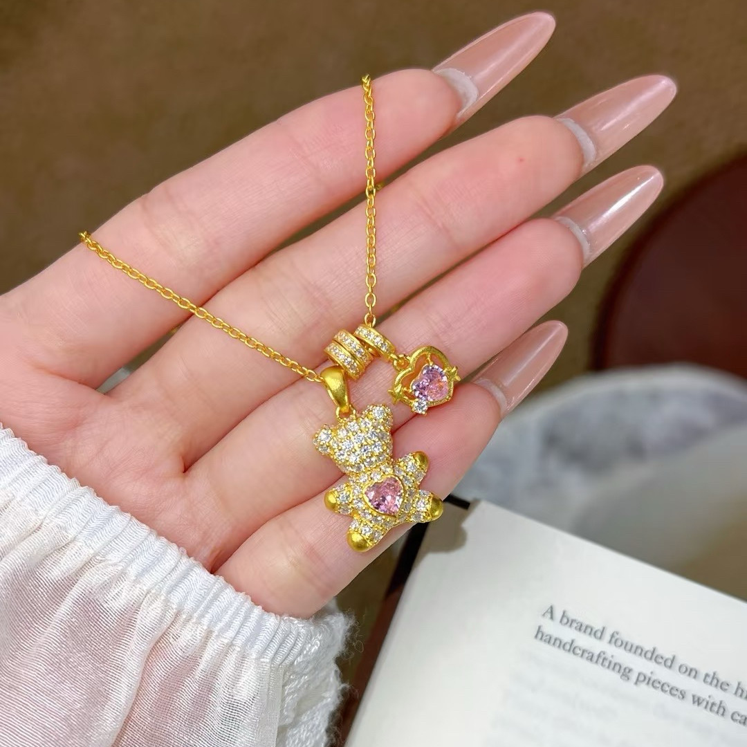 水贝黄金甜心小熊套链足金999镶嵌莫桑石美式小熊软糖吊坠送女友