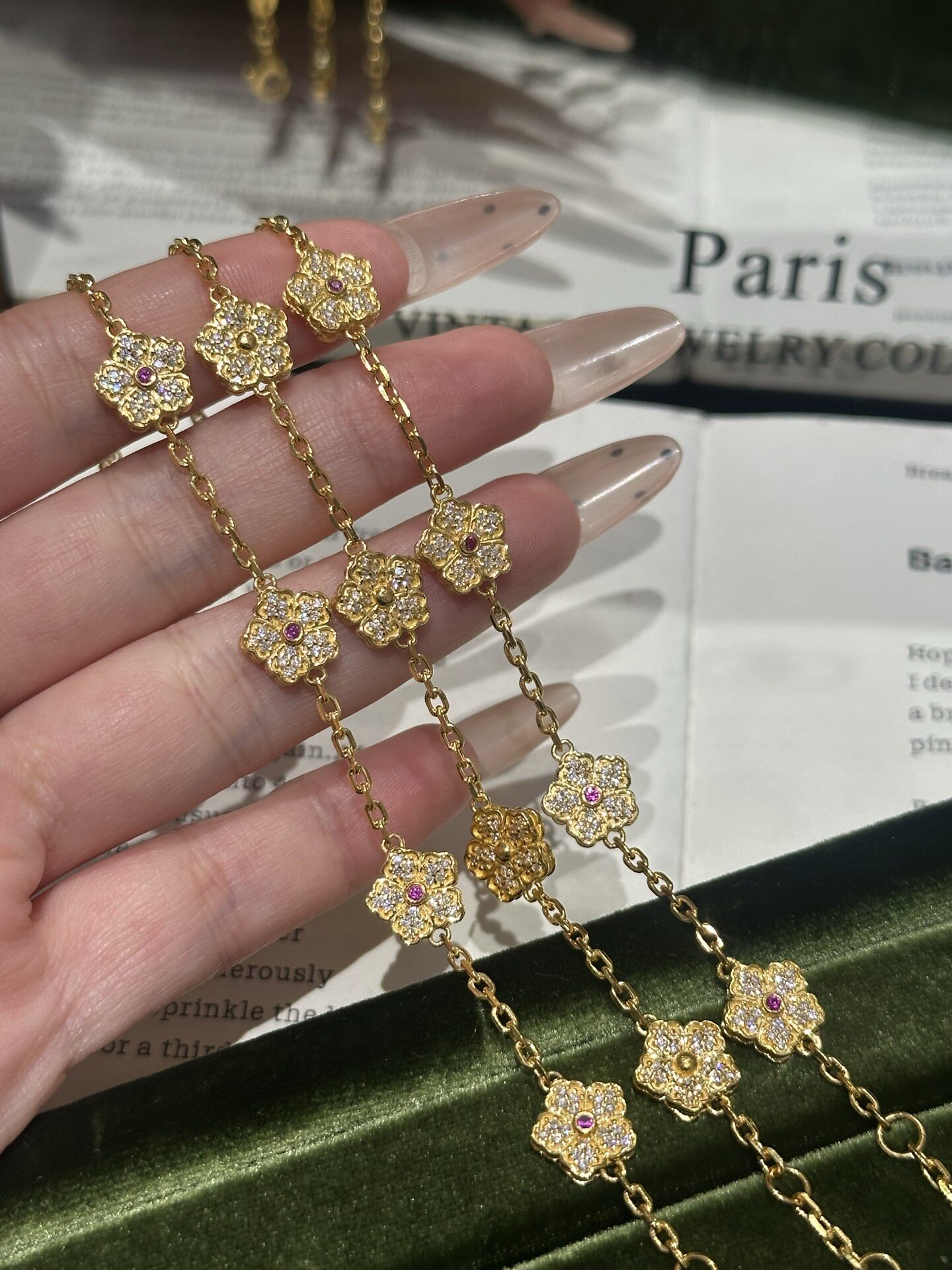 水贝黄金足金999点钻镂空四叶草手链女款富贵牡丹花手链送礼物