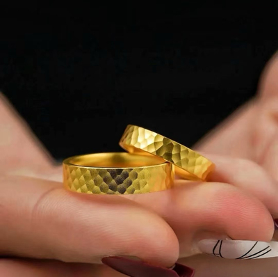 水贝黄金足金999古法锤纹戒指男女款实心素圈指环情侣对戒送女友