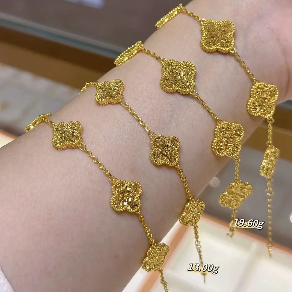 水贝足金999黄金5G碎冰冰五花爆闪四叶草手链双层厚版新款送女友