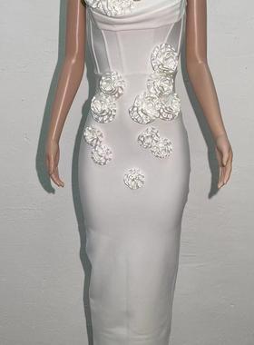 白色抹胸花朵个性时尚亚马逊外贸绷带连衣裙晚衣服bandagedresse