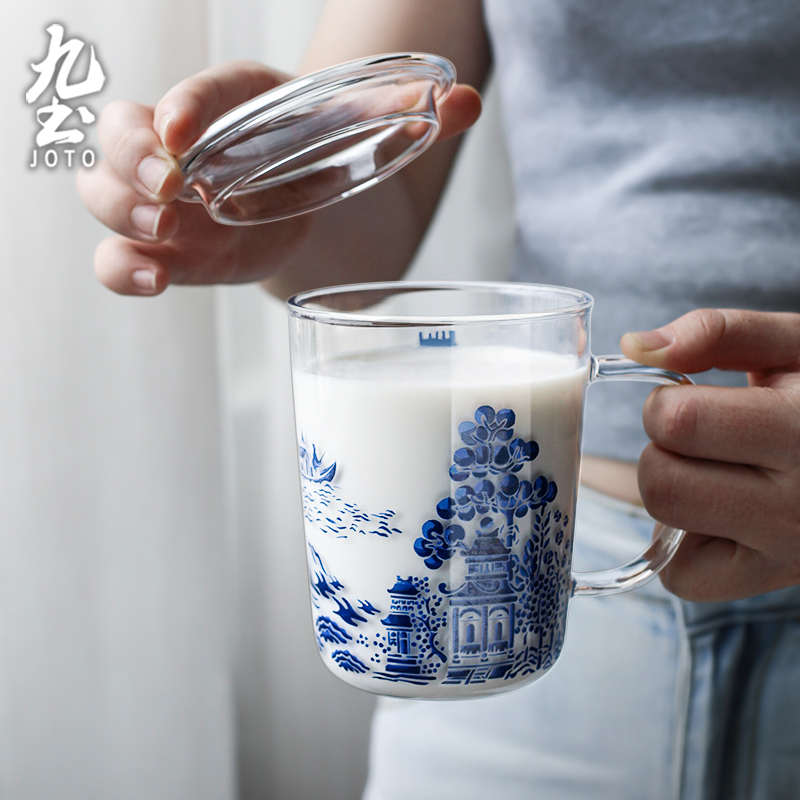 九土高硼硅玻璃杯带盖子青花水杯