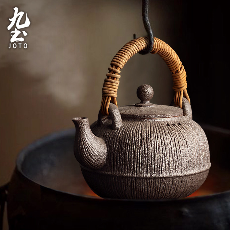 日式煮茶壶手工陶泥烧水壶家用竹编提梁壶酒精炭炉电陶炉功夫茶具