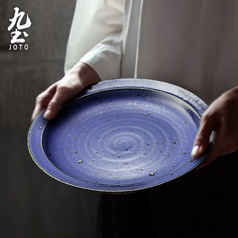 九土手工粗陶餐盘日式复古平盘家用菜盘子点心盘圆盘创意西餐餐具