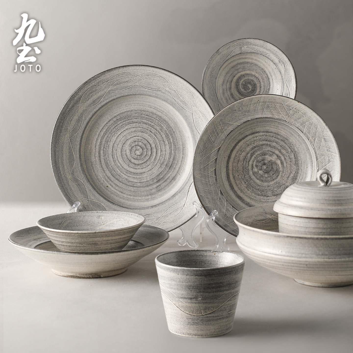 九土手工粗陶复古碗具陶餐盘杯碟子家用简约日式粉引两人食器套装,餐饮具,盘,淘宝优惠券,粉丝福利购,淘宝优惠卷