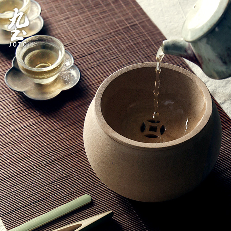 九土茶洗日式粗陶茶渣缸手工复古建水水干泡茶茶渣桶水盂茶盂壶承