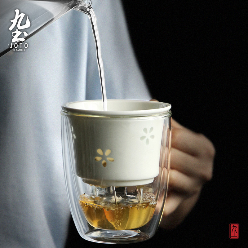 九土双层隔热玲珑花玻璃水杯