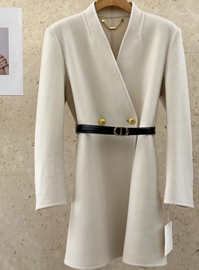 Eveline极简风2025秋冬新中长款通勤气质V领皮腰带双面羊绒大衣女