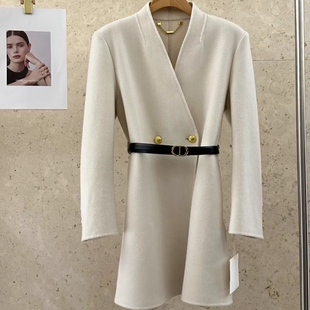 Eveline极简风2025秋冬新中长款通勤气质V领皮腰带双面羊绒大衣女