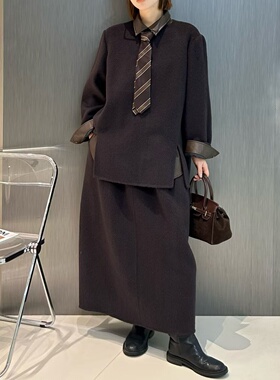 欧洲站2025秋冬新款通勤圆领开衩双面羊毛呢大衣+半身裙两件套女