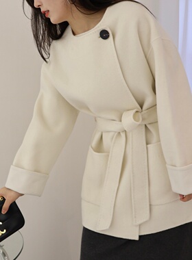 轻奢风系带双面羊绒大衣女2025秋冬新中长款拼接绵羊皮毛呢外套潮