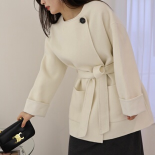 轻奢风系带双面羊绒大衣女2025秋冬新中长款拼接绵羊皮毛呢外套潮