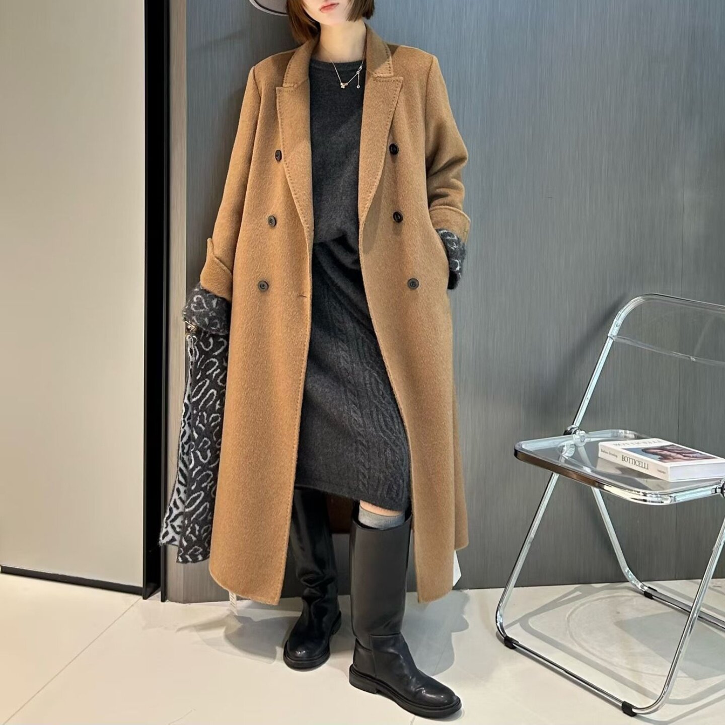 高级感西装领骆驼绒双面呢大衣女秋冬中长款双排扣宽松毛呢外套潮
