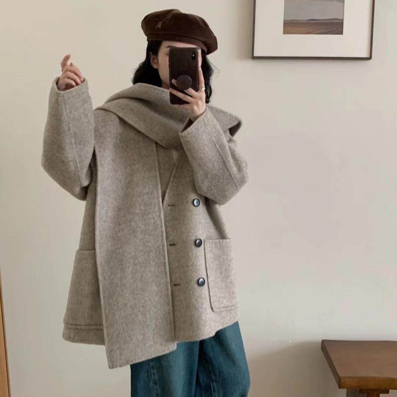 韩版牦牛绒双面羊绒大衣女冬季新款可脱卸围巾帽宽松百搭毛呢外套