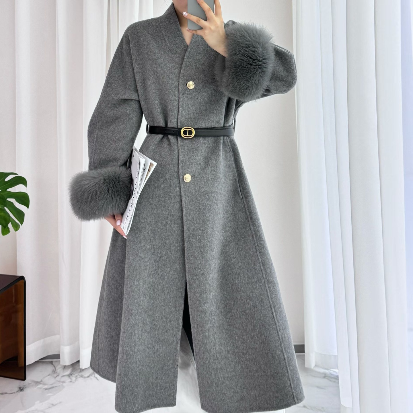 法式V领双面羊绒大衣中长款时尚