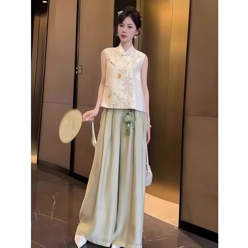 新中式古风提花盘扣上衣阔腿裤女