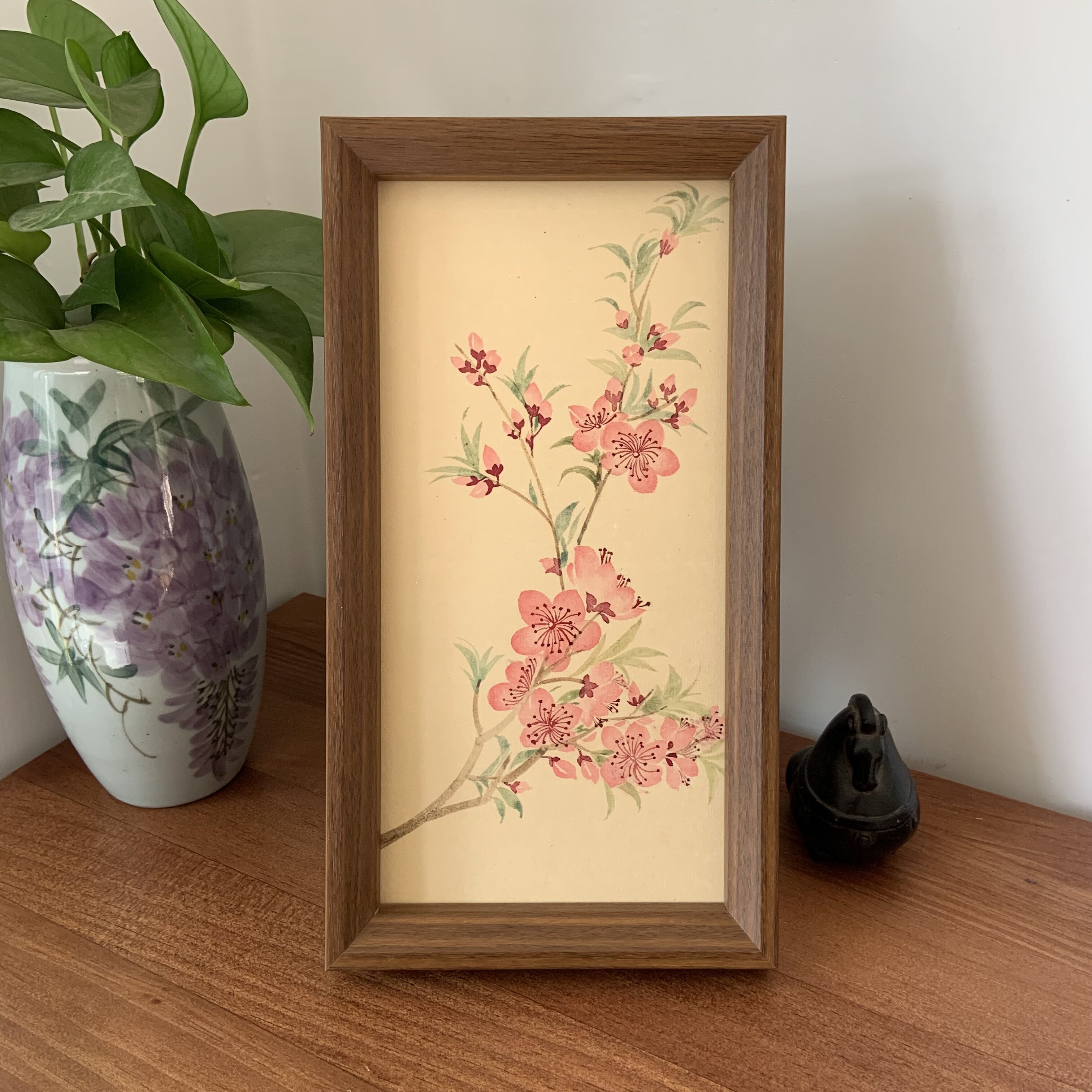 纯手绘桃花摆台桃花灼灼国画水墨画桌面摆件新中式茶室装饰画礼品
