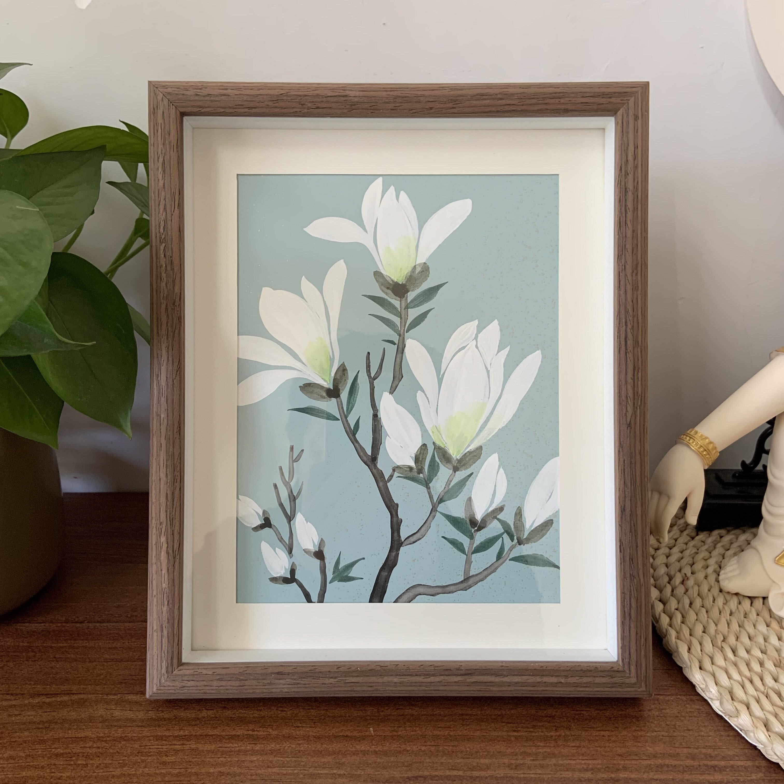 100%纯手绘玉兰花摆台满堂和气国画书桌摆件新中式茶室礼品10寸