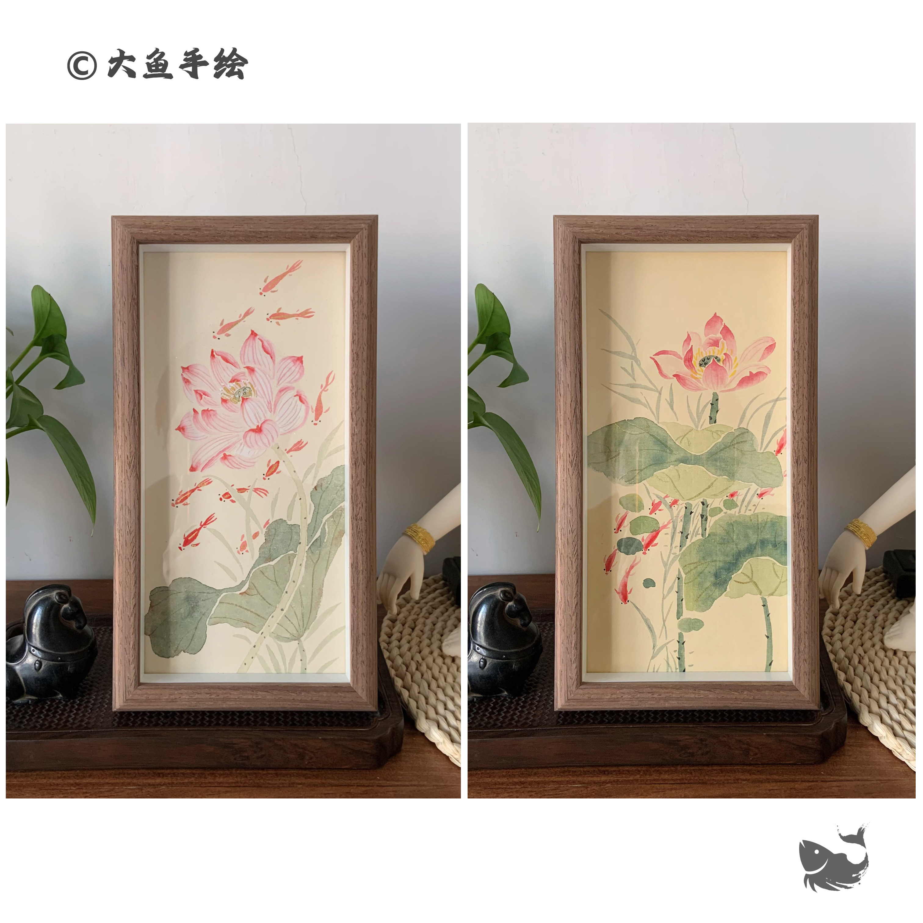 纯手绘没骨国画摆台荷花九鱼图书桌摆件装饰画国风送礼礼物伴手礼
