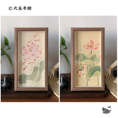 纯手绘没骨国画摆台荷花九鱼图书桌摆件装饰画国风送礼礼物伴手礼