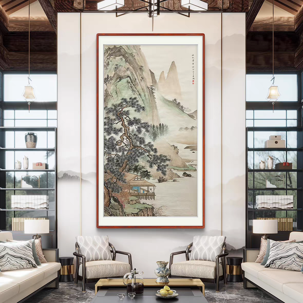 100%纯手绘仿古山水工笔国画中式客厅装饰画背景墙山水清音可定制