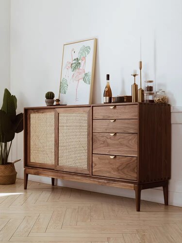 北欧复古松木实木餐边柜茶水柜卧室长边柜储物柜藤编实木收纳柜