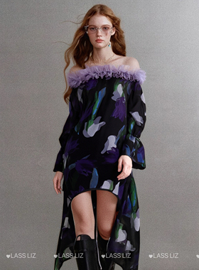 LASS LIZ原创设计2025秋季新款法式紫色花朵一字肩不规则长袖裙