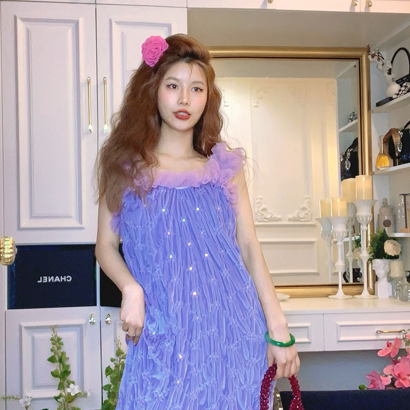 温柔风仙女A字宽松鱼尾紫色长裙