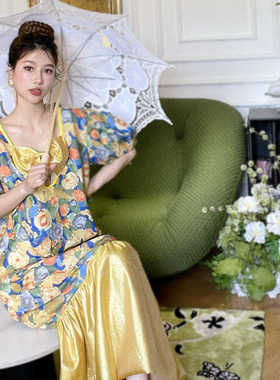 LASS LIZ原创2024夏法式油画浪漫黄色花朵V领宽松显瘦超长鱼尾裙