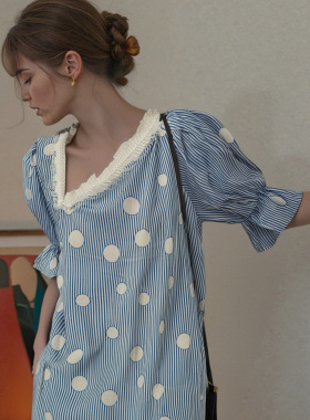 LASS LIZ原创设计师店2025夏季新款清新蓝色剪刀领宽松波点连衣裙