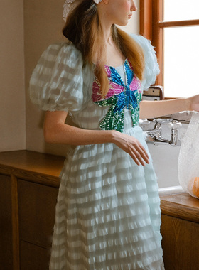 LASS LIZ原创设计2025夏季新款仙女网纱白色泡泡袖收腰长裙轻礼服