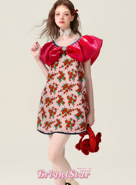 LASS LIZ原创设计2025夏季新款法式复古红色荷叶领花朵宽松连衣裙