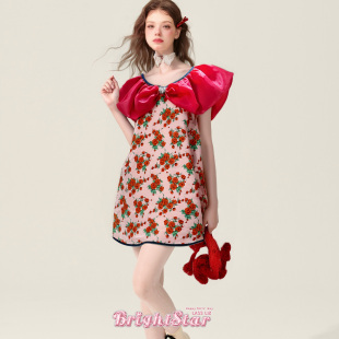 法式 新款 复古红色荷叶领花朵宽松连衣裙 LIZ原创设计2025夏季 LASS