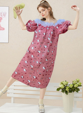 LASS LIZ原创设计2025夏季新款可爱减龄红色格子一字领宽松连衣裙