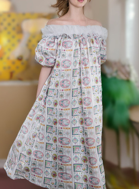 LASS LIZ原创设计2025夏季新款白色一字肩减龄印花宽松长款连衣裙