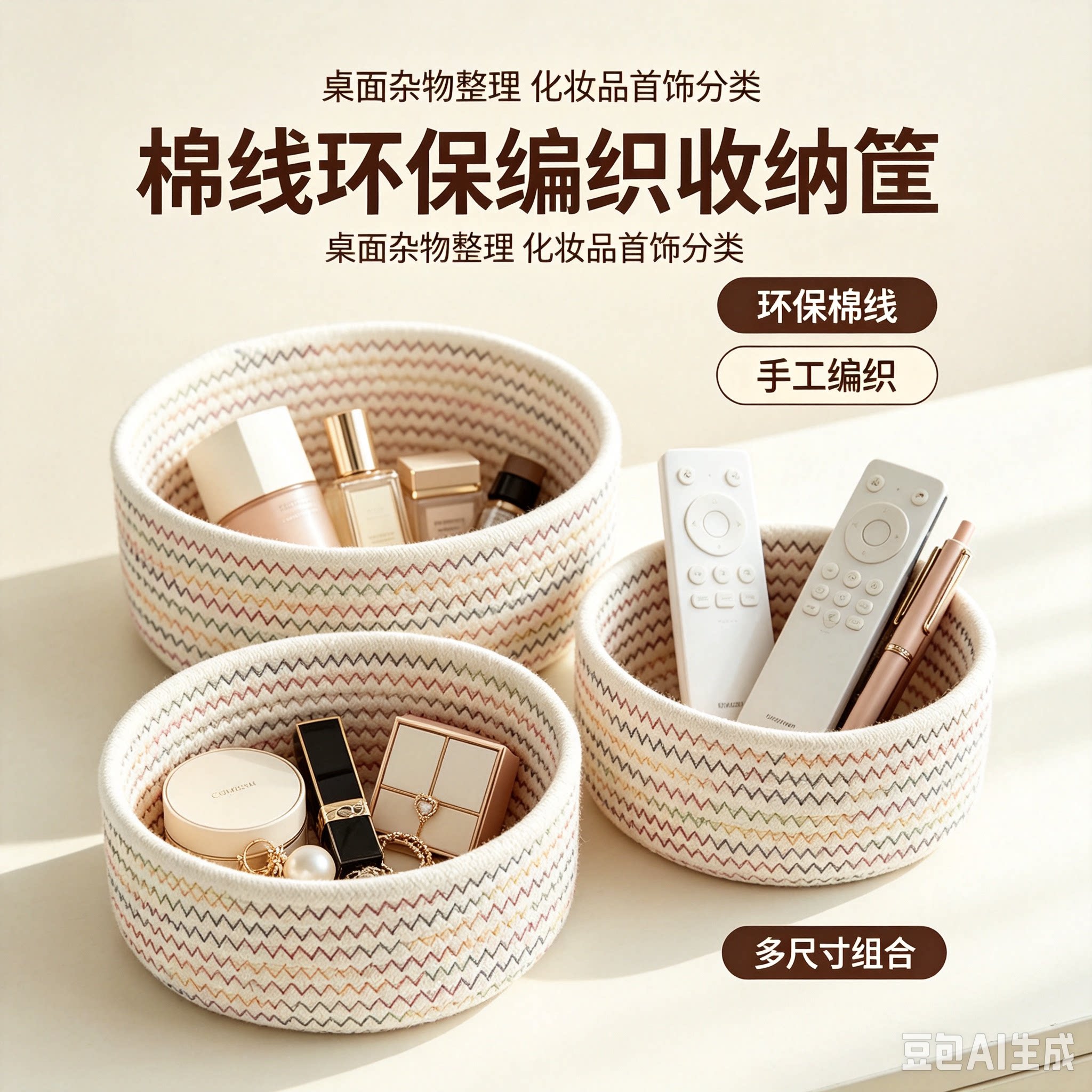 棉线编织桌面收纳篮化妆品首饰