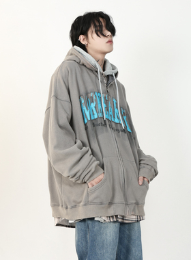 MRNEARLY做旧水洗美式复古开衫连帽卫衣男秋冬季加绒情侣拉链外套