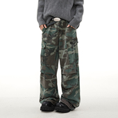 MRNEARLY美式 男潮牌多口袋宽松直筒休闲裤 复古水洗迷彩褶皱工装 裤