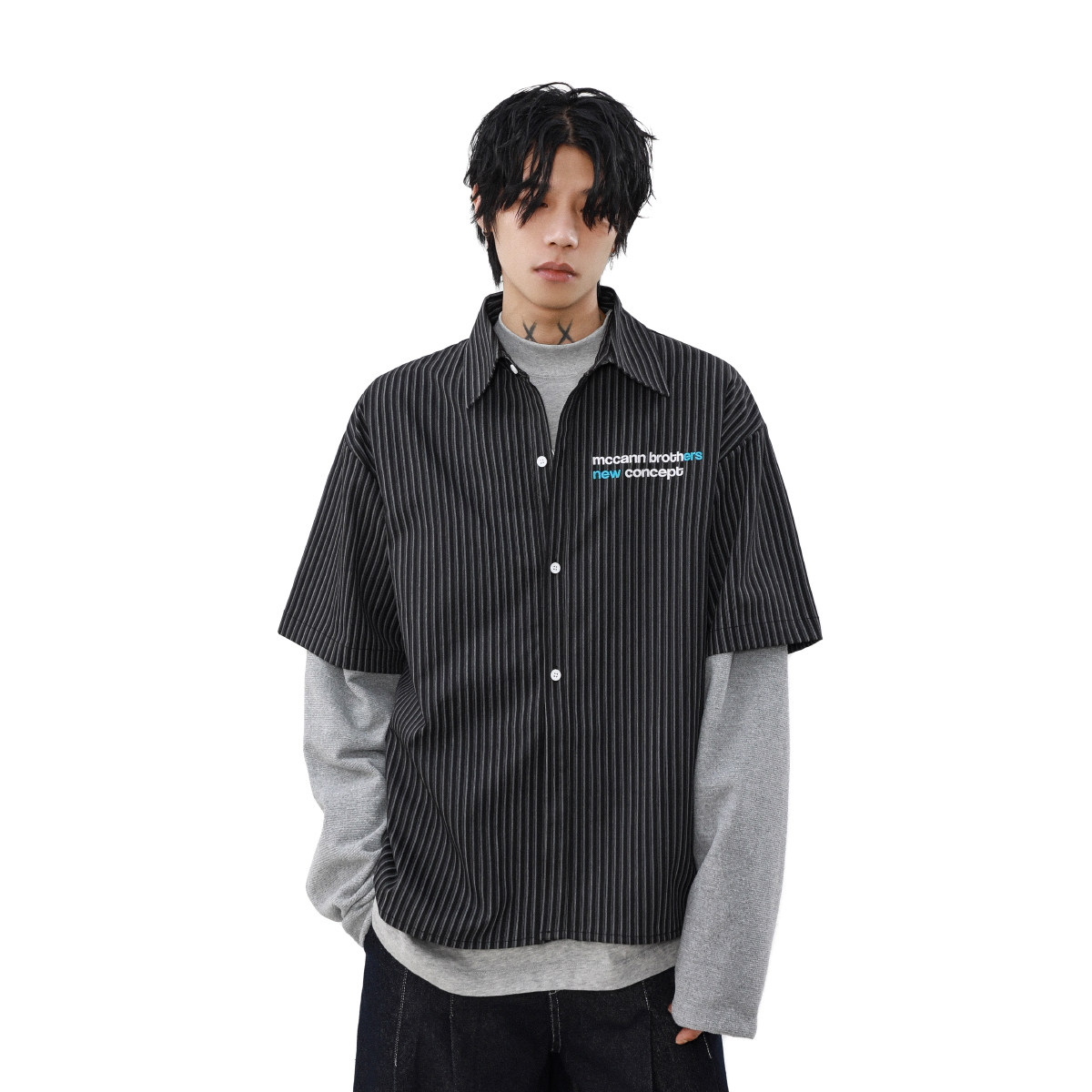 MRNEARLY美式复古假两件长袖衬衫