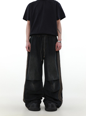 MRNEARLY美式褶皱设计感小众条纹阔腿直筒牛仔裤男潮宽松高街裤子