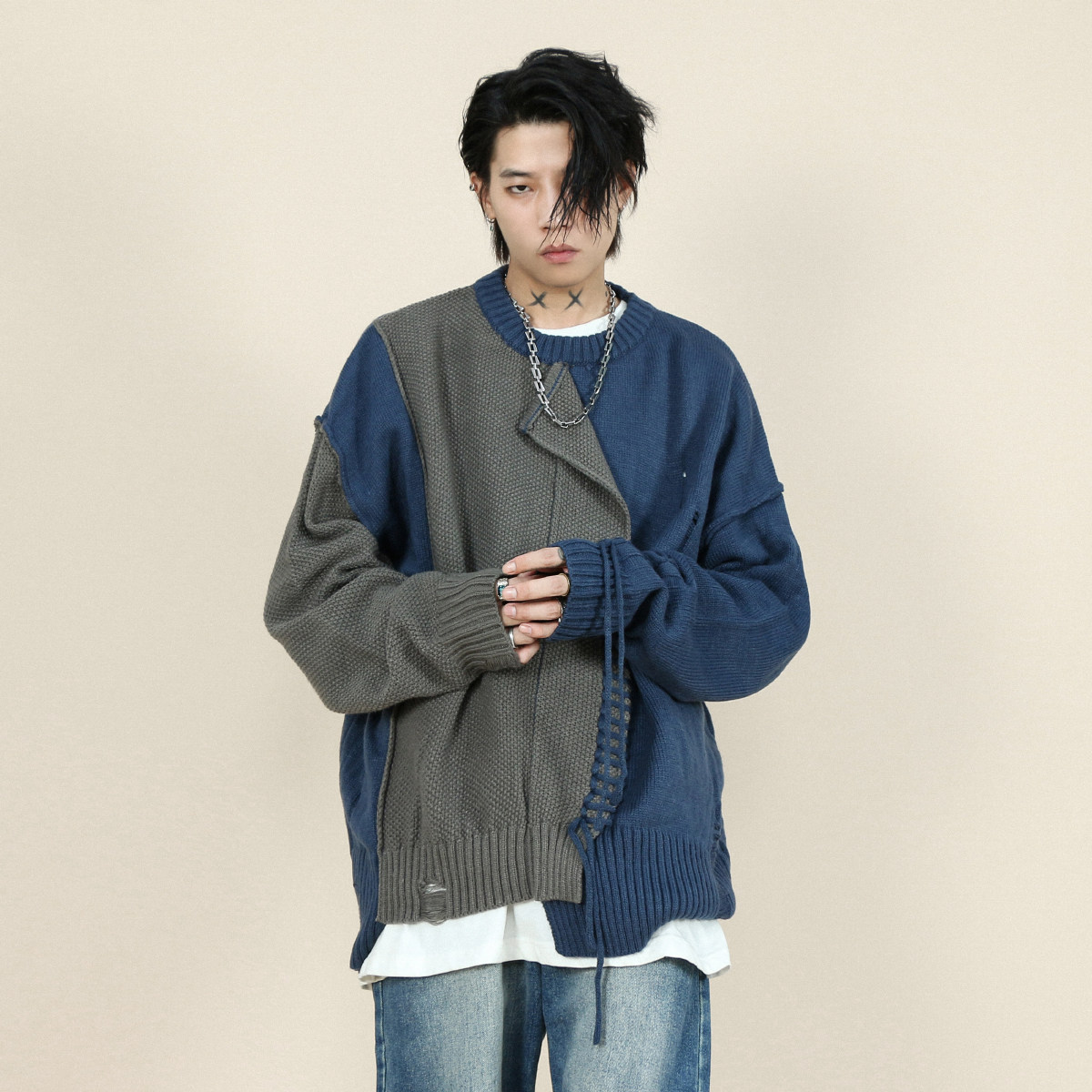 MRNEARLY小众设计感缝线拼接拼色圆领套头毛衣男宽松美式高街上衣,男装,针织衫/毛衣,淘宝优惠券,粉丝福利购,淘宝优惠卷