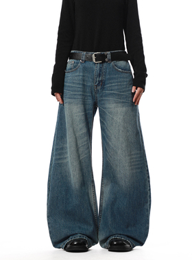 MRNEARLY美式水洗做旧猫须阔腿牛仔裤男2025冬季潮牌宽松复古裤子