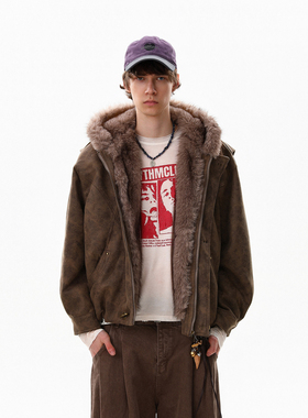 MRNEARLY美式复古毛领连帽棉衣男金属飞机扣宽松保暖外套青年潮