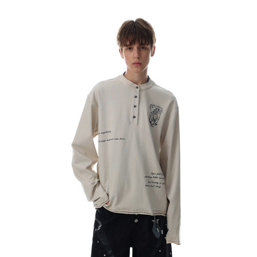 美式复古亨利领字母长袖T恤