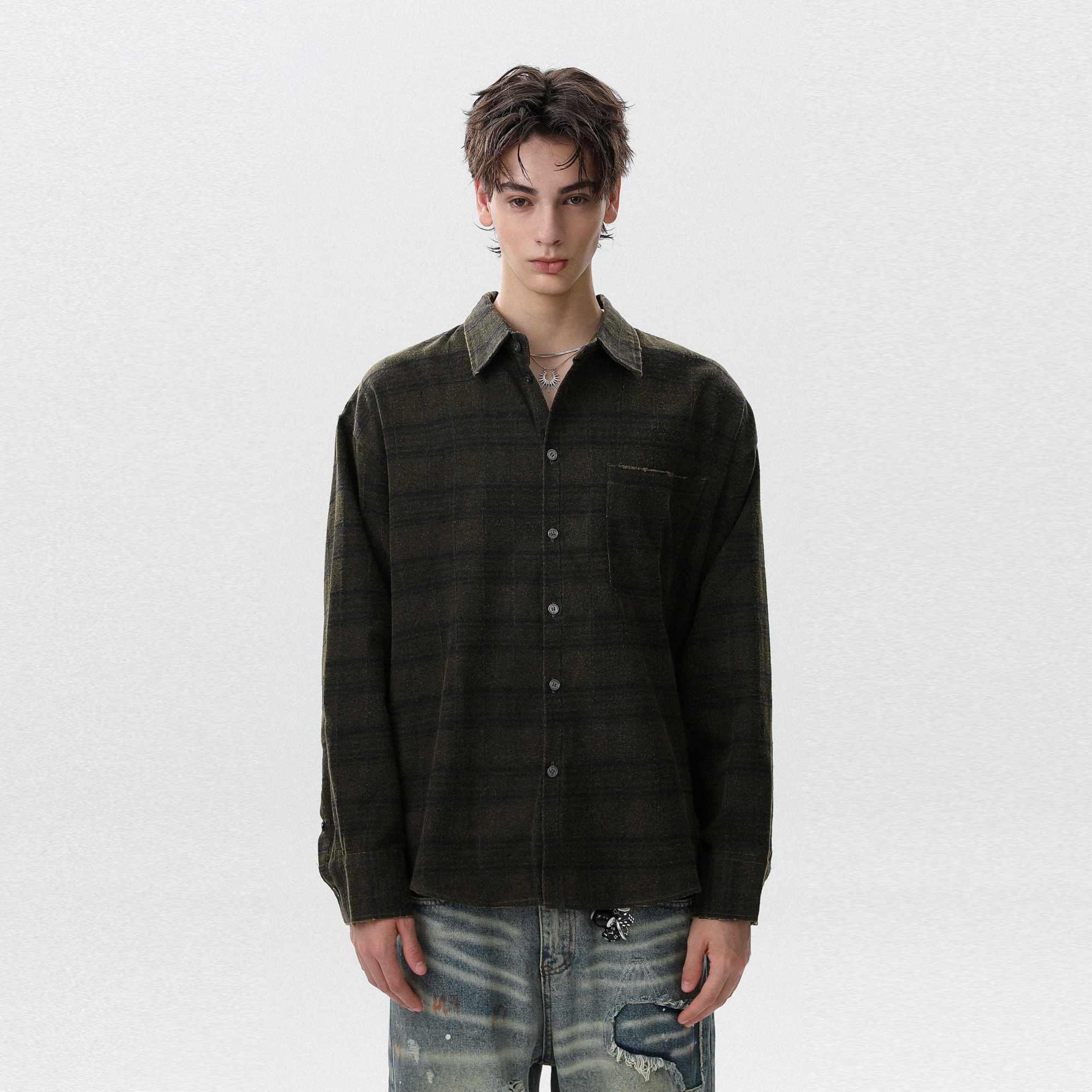 美式复古格子拼接撞色翻领衬衫