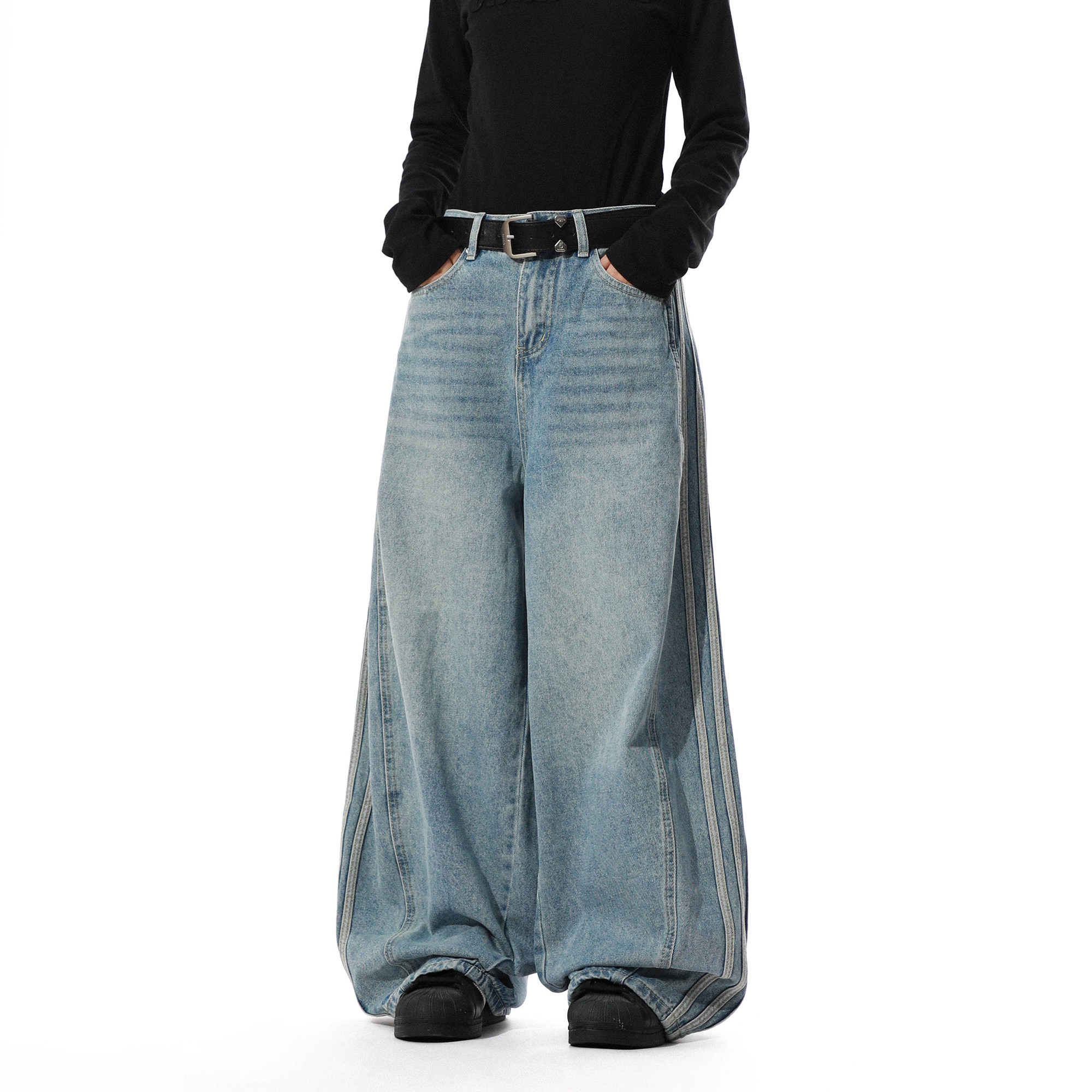 美式复古水洗三条杠牛仔裤