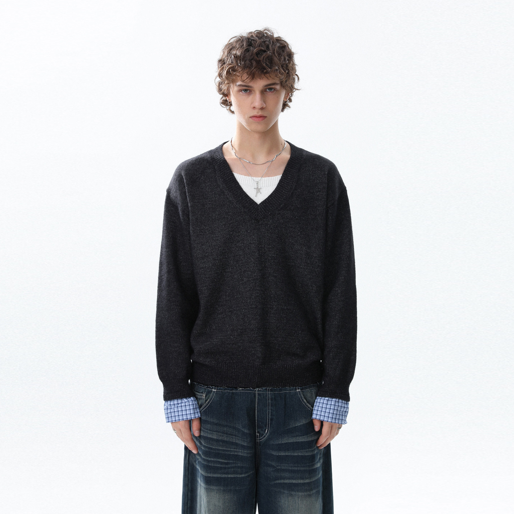 美式复古假两件设计感V领针织衫