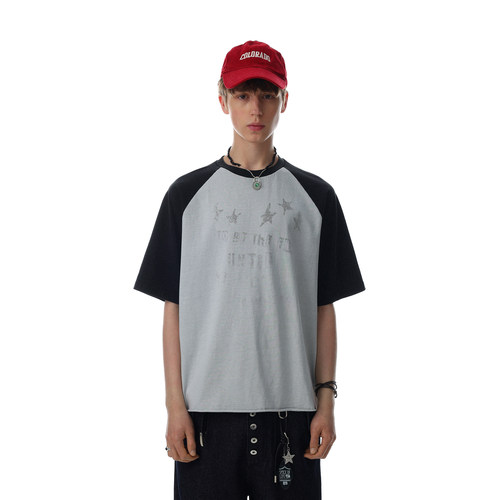美式复古插肩撞色星星短袖T恤